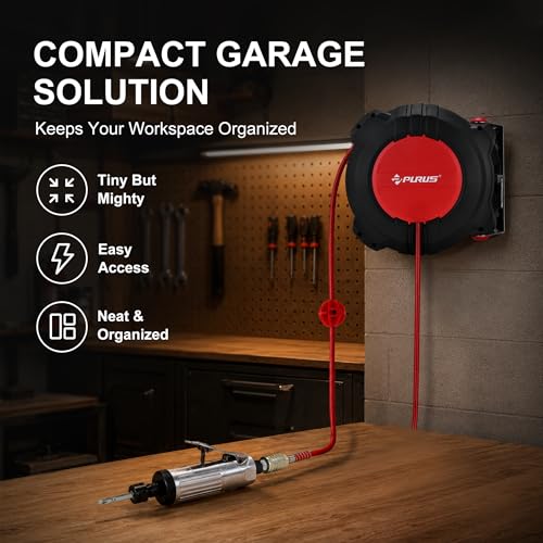 PURUS Retractable Air Hose Reel, 1/4" x 32ft, 180° Swivel Wall/Ceiling Mount, Auto Rewind, Hybrid Hose Max 145 PSI Pressure Air Compressor Hose Reel Quick Coupler for Workshop & Garage
