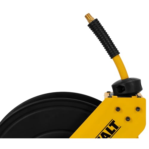 DEWALT 3/8 in. x 50 ft. Single Arm Air Hose Reel for Air Compressor, Auto Retracting Rubber Hose, Professional Grade, All Steel Construction, Retractable Hose, Durable and Efficient Design
