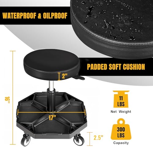 YELLOW JACKET Rolling Garage Seat with Wheels Adjustable Height Pneumatic Mechanic Stool 300Lbs Heavy Duty Shop Creeper Seat with 4 Removable Storage Tool Tray Workshop Chair for Auto Repair