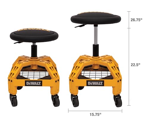 DEWALT Heavy-Duty Metal Rolling Stool for Shop or Garage, Padded 360-degree Swivel Seat, Durable Steel Frame, Adjustable