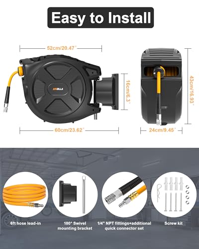 Retractable Air Hose Reel, 3/8" x 100Ft Flex Hybrid Air Hose Max 300PSI Kink-resistant Air Compressor Hose Reel Auto Rewind with 6Ft Lead in, Quick Connect, 180° Swivel Mounting Kit.