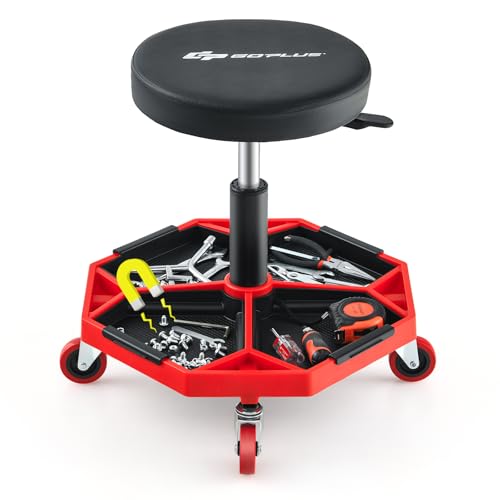 Goplus Rolling Garage Stool, 16”-22” Adjustable Mechanic Stool with Universal Wheels, Removable Magnetic Tool Tray, 2” Thick Padded Cushion, 330LBS Capacity, Roller Creeper Seat, Shop Chair