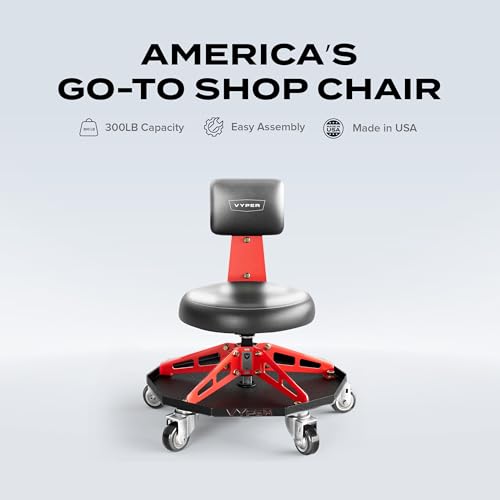 Vyper Robust Steel Sport Shop Chair for Mechanics, Black Seat, Red Frame