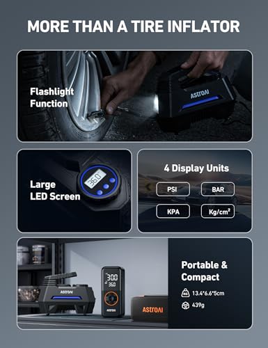 AstroAI AIRUN H Tire Inflator Portable Air Compressor,Fast Inflation Electric Air Pump for Car Tires-Car Accessories,9.8Ft Cord-12VDC-Powered Auto Shut-Off with Digital Pressure Gauge,LED Light,Blue