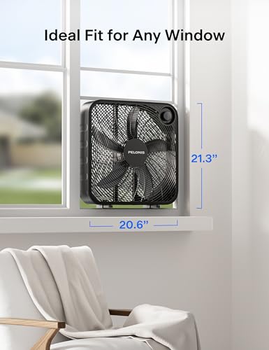 PELONIS 20 Inch Box Fan for Bedroom– 3 Speeds, 25ft/s, Floor Fan, Window Fan, Table Fan, Desktop Fan with Superior Air Throw (2295 CFM), Lightweight, 5 Blades, suitable for Office, Living Room, Garage