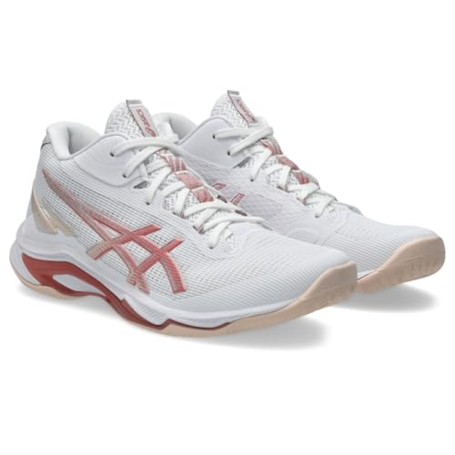 ASICS Women's Netburner Ballistic FlyteFoam Mid Top 4 Volleyball Shoes, 8.5, White/Rose Rouge