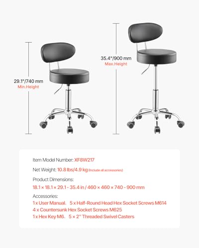 VEVOR Shop Stool with Backrest, Pneumatic Height Adjustable Garage Seat, 300 lbs Load, Roller Creeper Seat, 360 Swivel Padded Workshop Stool, Black