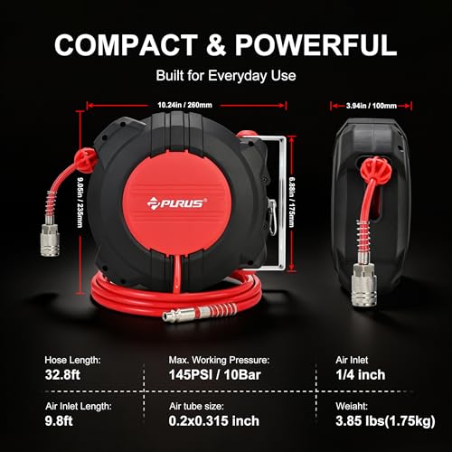 PURUS Retractable Air Hose Reel, 1/4" x 32ft, 180° Swivel Wall/Ceiling Mount, Auto Rewind, Hybrid Hose Max 145 PSI Pressure Air Compressor Hose Reel Quick Coupler for Workshop & Garage