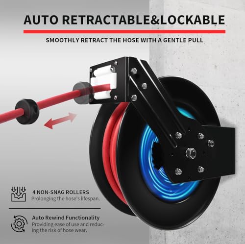MaxWorks 50998 50ft Auto Rewind Retractable Reel with 3/8" x 50' Air Hose with Brass Fittings