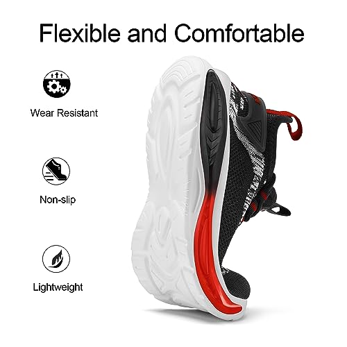 RUNSIDE Boys Girls Sneakers for Outdoor, Size 6 Big, Black/Red