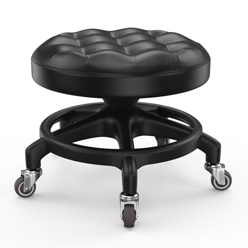 KinShare Upgraded Low-Profile Rolling Stool with 360° Smooth Rubber Wheels – Heavy-Duty 450lbs, Puffed PU Seat & Anti-Tip Base | Ideal for Home, Office, Salon, Workshop, Mechanic, Garage, Black