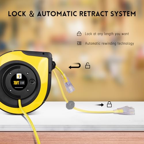 EP Retractable Extension Cord Reel,75 Feet 14 AWG/3C SJTOW Heavy Duty Power Cord,10 AMP Circuit Breaker, 3-Lighted Triple Outlets,Ceiling or Wall Mount Use Indoor, Yellow