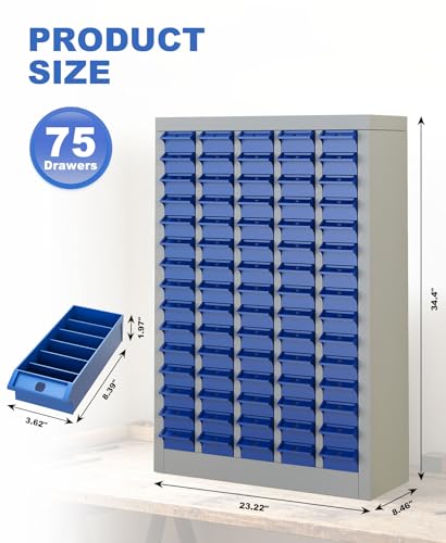 ACarfilme 75-Drawer Parts Cabinet, Heavy-Duty Alloy Steel Bolt Storage Cabinet with ABS Drawers, Metal Small Parts Organizer with Label Stickers & Dividers for Garage Workshop Shop