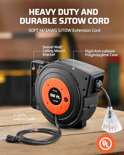 DEWENWILS 50FT Retractable Extension Cord Reel, 14AWG/3C SJTOW Cord Reel