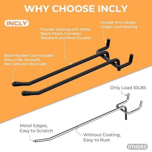 INCLY 36 Pack 4/6 Inch Double Arm Black Pegboard Hooks, 1/4" Heavy Duty