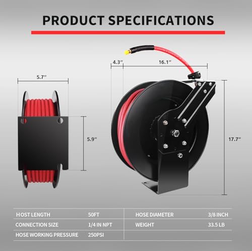 MaxWorks 50998 50ft Auto Rewind Retractable Reel with 3/8" x 50' Air Hose with Brass Fittings
