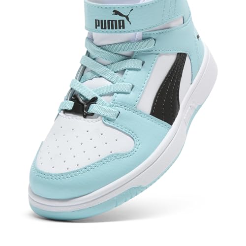 PUMA Unisex-Child Rebound Layup Mid Hook and Loop, PUMA White-PUMA Black-Safe Lake, Little Kid 12