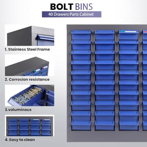 QUARPAL 40-Drawer Small Parts Cabinet Organizer with 200 Dividers, 40 Labels, Heavy Duty Steel Bolt Bin with ABS Drawers, Bolt and Nut Tool Storage Cabinet for Hardware, Nut, Bolt, Screw