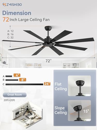 ZMISHIBO 72 Inch Ceiling Fan No Light with Remote Control, 8 Blades