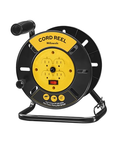 WILAWELS Extension Cord Storage Reel with 4-Grounded Outlets, 15A Circuit Breaker, Heavy Duty Open Cord Reel for 12/3,14/3,16/3 Gauge Power Cord, Hand Wind Retractable, ETL Listed, Yellow Y95CR06