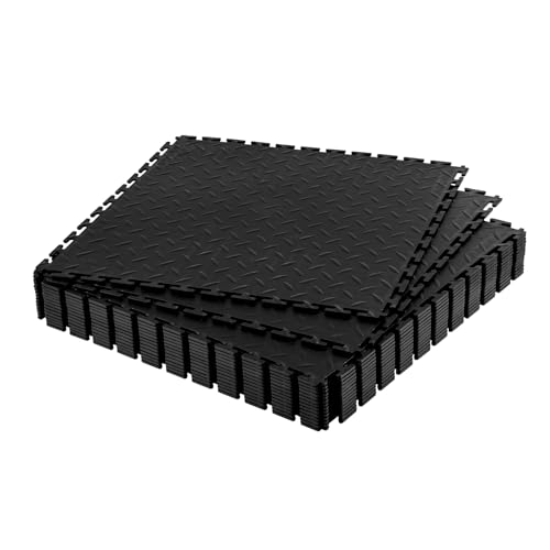 VEVOR Garage Floor Tiles 20.2 x 20.2 x 0.2 inch, Interlocking Ease of Installation Diamond Plate Slip-Resistant Texture Non-Slip Sturdiness, for Garages, Warehouse, Tool Room, Black, 16 Pack