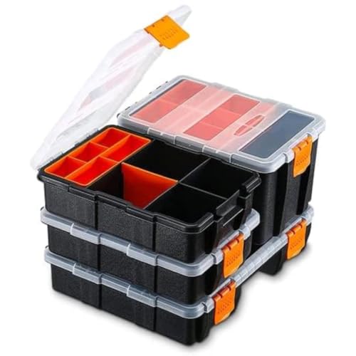 Andalus Tools Organizer Box, Small Parts Storage Multi-Compartment Portable Hardware Organizer Removable Plastic Dividers for Screws, Nuts, Bolts, Nails – Orange (4 Set, 12.2" x 9.1" x 7")
