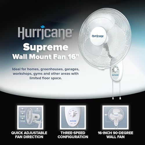 Hurricane Supreme Oscillating Wall Fan, 3 Speeds, White - 16in
