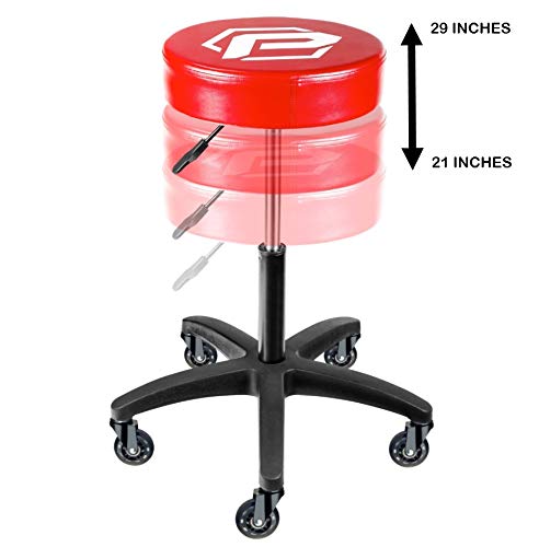 Powerbuilt Rolling Shop Stool with Adjustable Height, Mechanic Detailer Garage Seat with Padding - 240250, Red