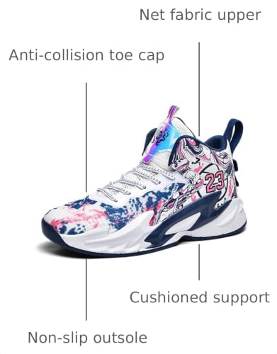 Aiscahent Kids Basketball Shoes, Running Walking Shoes Breathable Comfortable Boys Sneakers for Little/Big Kids White Blue