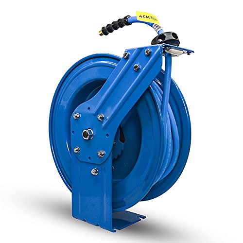 BLUBIRD BBRHD3850 18ga. Retractable Hose Reel with 3/8" X 50' Air Hose, 12 Point Ratcheting Gear, Next-Gen Rubber, Lightest, Strongest, Most Flexible, 300 PSI, -50F to 190F Degrees, Polyester Braided