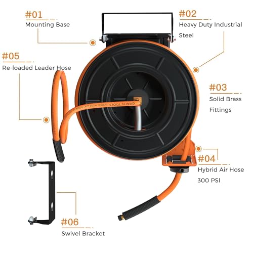 Giraffe Tools Retractable Air Hose Reel 50ft with Swivel Bracket 3/8"