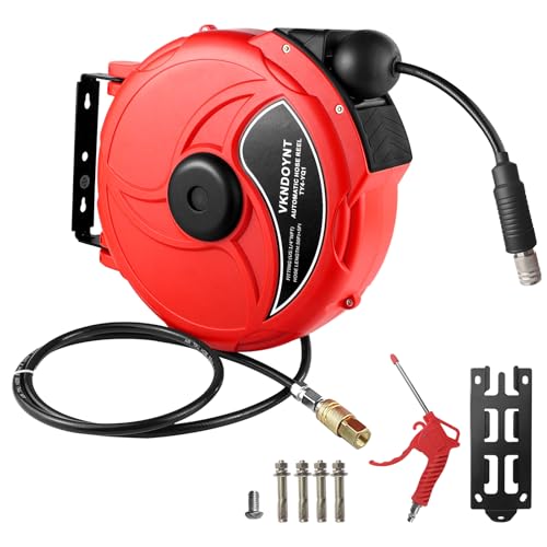 Retractable Air Hose Reel, 1/4 in x 50 FT Hybrid Polymer Hose, Air Compressor Hose Reel with 5 ft Lead in, Ceiling/Wall Mount Enclosed Air Reel, 180° Swivel Mount, Red/Black