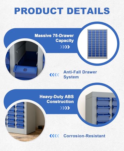 ACarfilme 75-Drawer Parts Cabinet, Heavy-Duty Alloy Steel Bolt Storage Cabinet with ABS Drawers, Metal Small Parts Organizer with Label Stickers & Dividers for Garage Workshop Shop