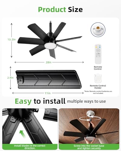 JOMARIUS 28 Inch Socket Fan Light with Remote Control, Screw in E26/E27 Ceiling Fan with LED Light, 3000-6000K Dimmable Color Temp, 6 Speeds, Timer, for Bedroom Kitchen Living Room Garage, Black