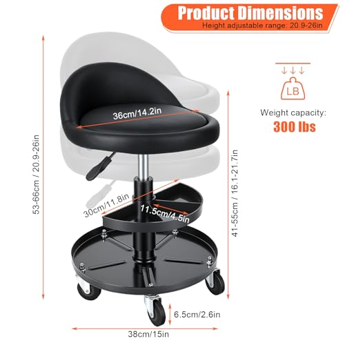 pofluany Rolling Shop Stool with Wheels, Garage Mechanic Stool with Backrest, Adjustable Height Shop Stools with Tool Tray, 300 lb Capacity Mechanic Chair for Garage, Workshop, Auto Repair Black