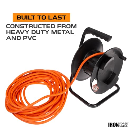 Iron Forge Cable Extension Cord Storage Reel, Metal Stand - Black