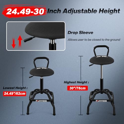 FreekyFit Garage Stool, Adjustable Height Swivel Work Mechanic Shop Stool with Backrest, Pneumatic Shop Chair for Home, Workshop, 300 LBS Capacity, 360° Rotation, Heavy Duty, Black