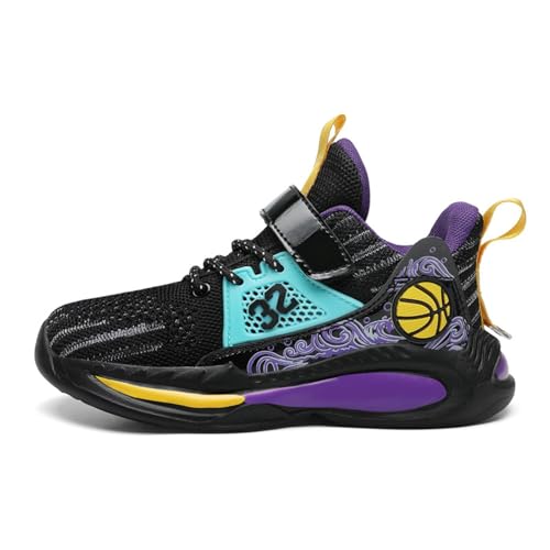 BTKSDAS Boys Shoes Non Slip Breathable Comfortable Safety Kids Shoes Workout Gym Tennis Running Basketball Sneakers for Boys Girls Black/Purple Size 1.5 Little Kid,(1 Pair)