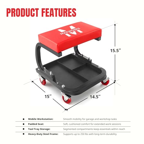 MaxWorks Mechanics Roller Seat - Heavy Duty 250 lb Capacity Rolling Creeper Stool with Padded Seat & 3-Section Tool Tray for Garage & Auto Repair (50875)