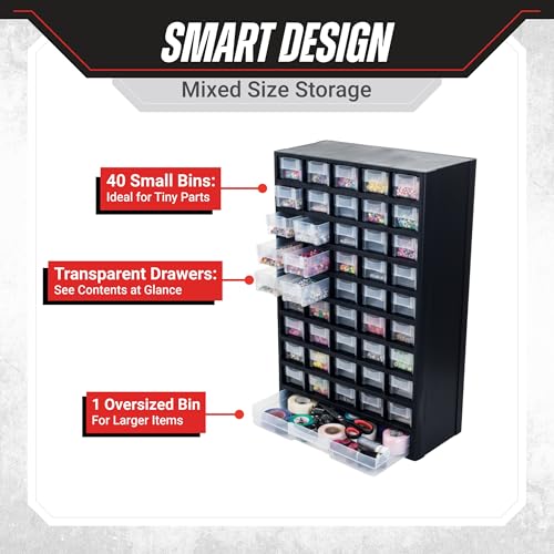Storage Bin with Drawers - 41-Drawer Plastic Tool Organizer - Hardware or Craft Cabinet for Storing Beads, Toys, or Nuts and Bolts by Stalwart (Black)