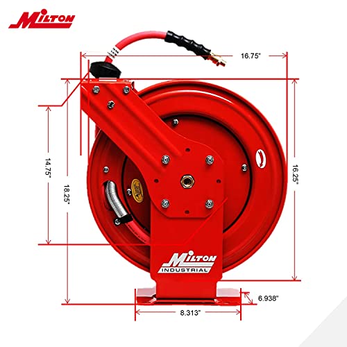 MILTON Strength Air Hose Reel w/Auto- Retractable Steel Dual Arm, 3/8" MNPT x 50 ft. Hybrid Rubber Hose - 300 Max PSI, Red - 2770-50D