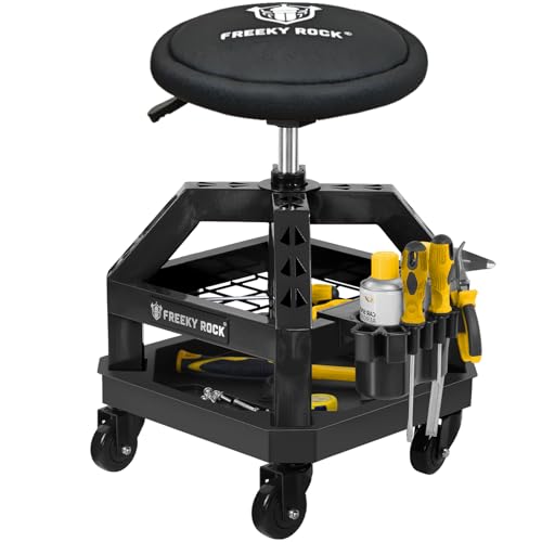 Rolling Shop Stool with Wheels, Heavy Duty Garage Work Mechanic Stool with Backrest, Adjustable Height 22.44"-28.94", 360°Swivel Rolling Chair with Tool Tray Storage, 330 LBS Capacity, Black