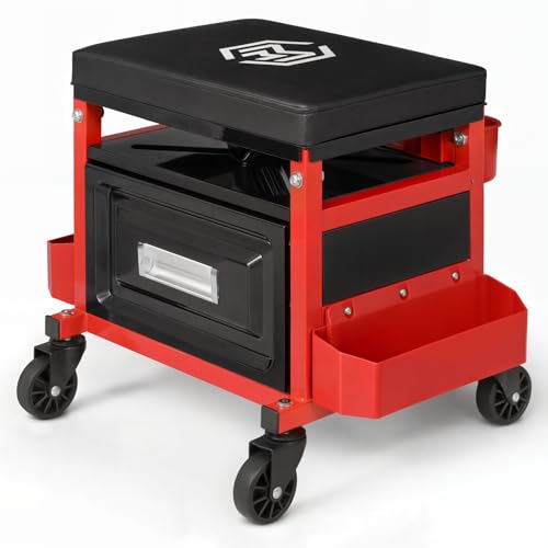 M-AUTO Mechanic Stool Garage Rolling Tool Chest Seat w/Drawer & Tray, 350LBS Capacity Multi-Function Adjustable Height Mechanic Creeper Seat for Projects Inside The Garage and Workshop, Red
