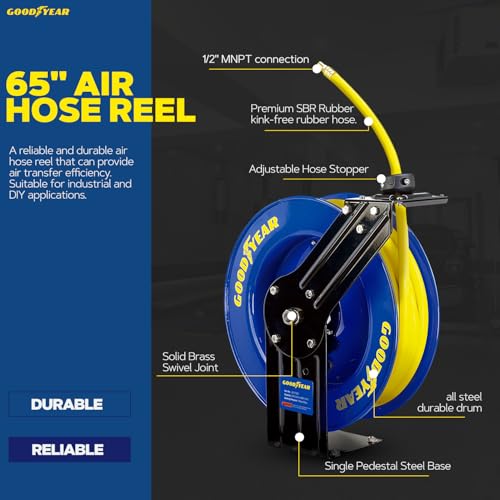 Goodyear Air Hose Reel Retractable 1/2" Inch x 65' Foot