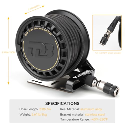 Retractable Air Hose Reel - 1/4" x 23 FT Braided Protective Shell Hose - Heavy Duty Alloy Steel Reel with Automatic Rewind, 450 PSI Max, 1/4" NPT Quick Coupler - Wall/Ceiling Mount for Garage