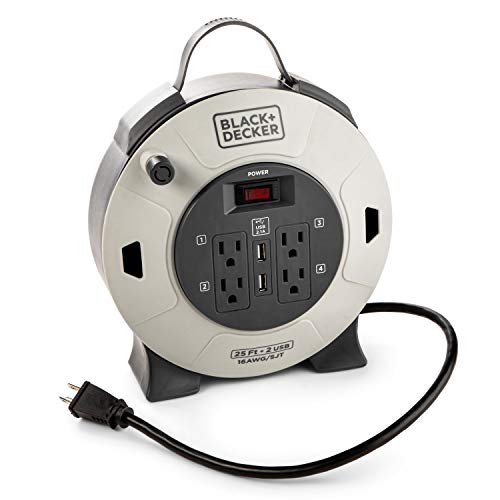 BLACK+DECKER 25 Ft. Retractable Extension Cord Reel with 4 Outlets, 2 USB Ports, Multi-Plug Extension, On/Off Switch & Heavy-Duty 16AWG SJT Cable