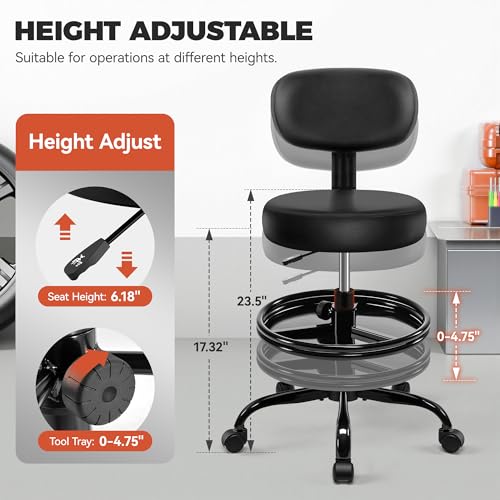 BestGlory Shop Stool with Wheels for Garage, Mechanics Rolling Chair with Backrest, Adjustable Height Heavy Duty Garage Stool with Footrest and Storage Tray, Swivel Task Chair for Workshop Salon