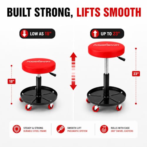 PowerSmart 330 LBS Capacity Roller Seat with Wheels, Pneumatic Rolling Mechanic Stool, 18"-23" Adjustable Height, with Tool Tray, Swivel Creeper Seat for Automotive Repair, Car Detailing & Workshop