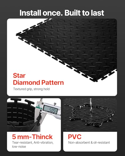 VEVOR Garage Floor Tiles 20.2 x 20.2 x 0.2 inch, Interlocking Ease of Installation Diamond Plate Slip-Resistant Texture Non-Slip Sturdiness, for Garages, Warehouse, Tool Room, Black, 16 Pack