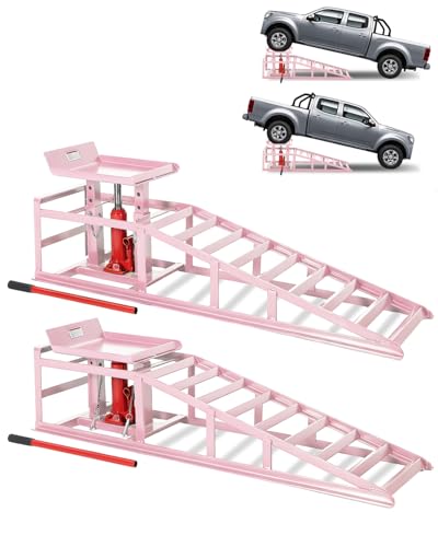 Garvee 2 Pack Hydraulic Car Ramps for Oil Changes, 5 t 11050 LBS Heavy Duty Steel Car Lift Ramp - Low Profile, High Lift 9.4 in-13.34 in, Safety Garage Ramps for Trucks & Vehicles, Pink